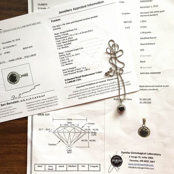 1.88 CTW Black Diamond and White Halo Diamond 14K White Gold Pendant & 14K Chain - Picture 10 of 11